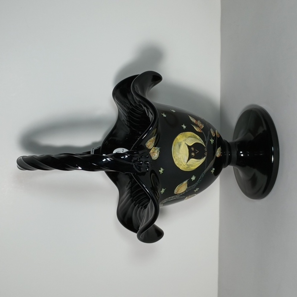 Rare 2005 Fenton 3097ME Ebony Black Halloween Basket Glitter Owl 019727574145